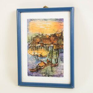 Vintage Art – Framed Southeast Asian Village Seascape